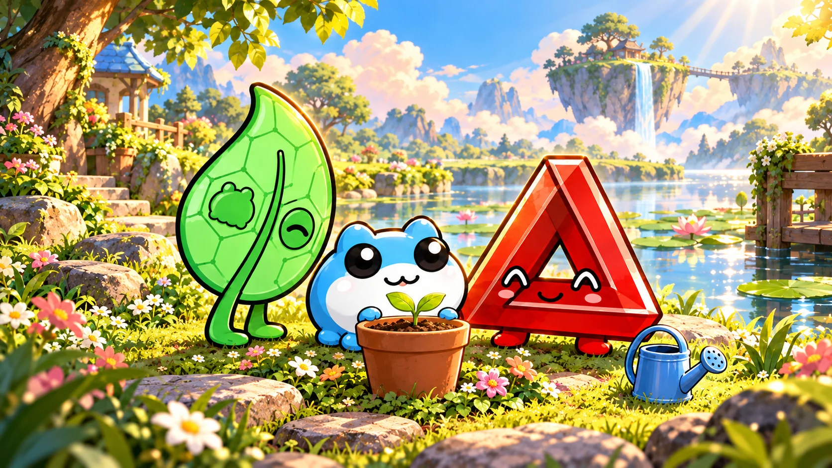 Blue Toby, Taboshi, and Patience gathered around a little seedling in a flowerpot beside the pond.