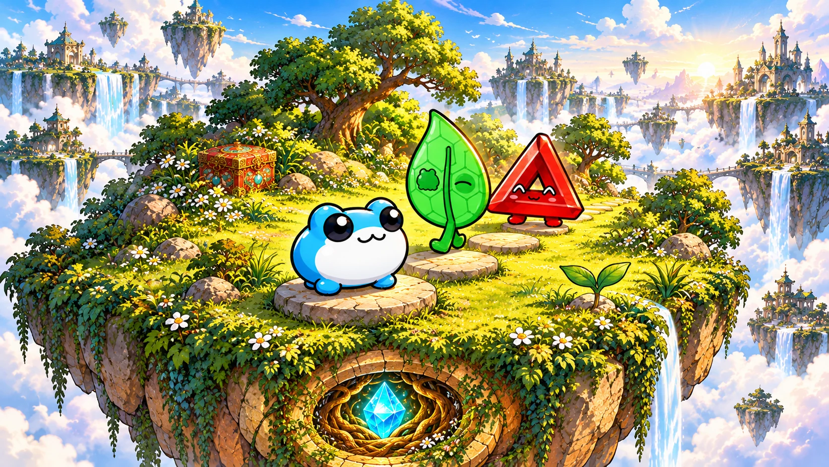 Blue Toby leads Taboshi and Patience along round stepping stones on a green floating island, with a little sprout and blue crystal below.