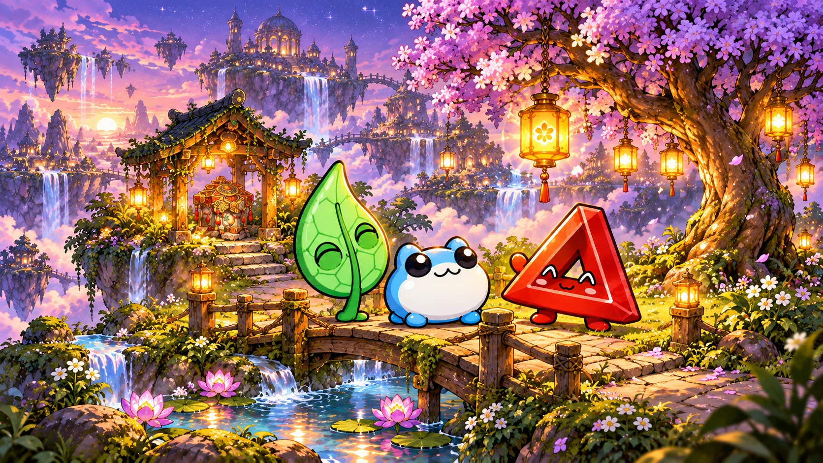 Blue Toby, Taboshi, and Patience on a little bridge beneath glowing lanterns and a purple blossom tree.