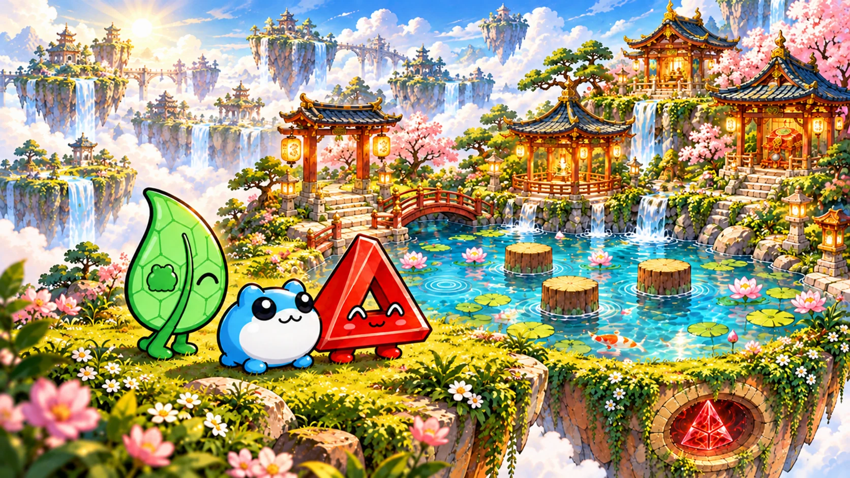 The three friends beside a blue pond with three wooden stumps, pink lotus flowers, red bridges, and garden pavilions.