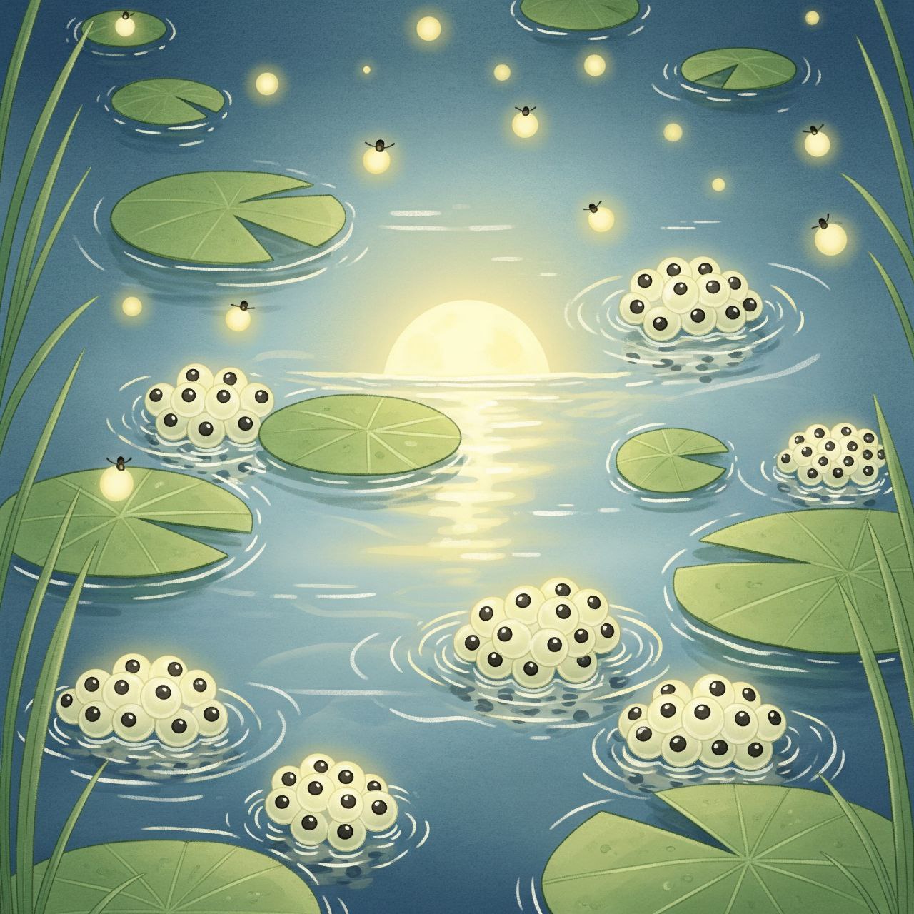 Moonlit pond with clusters of frog eggs that glow like small pearls, lily pads and soft ripples around.