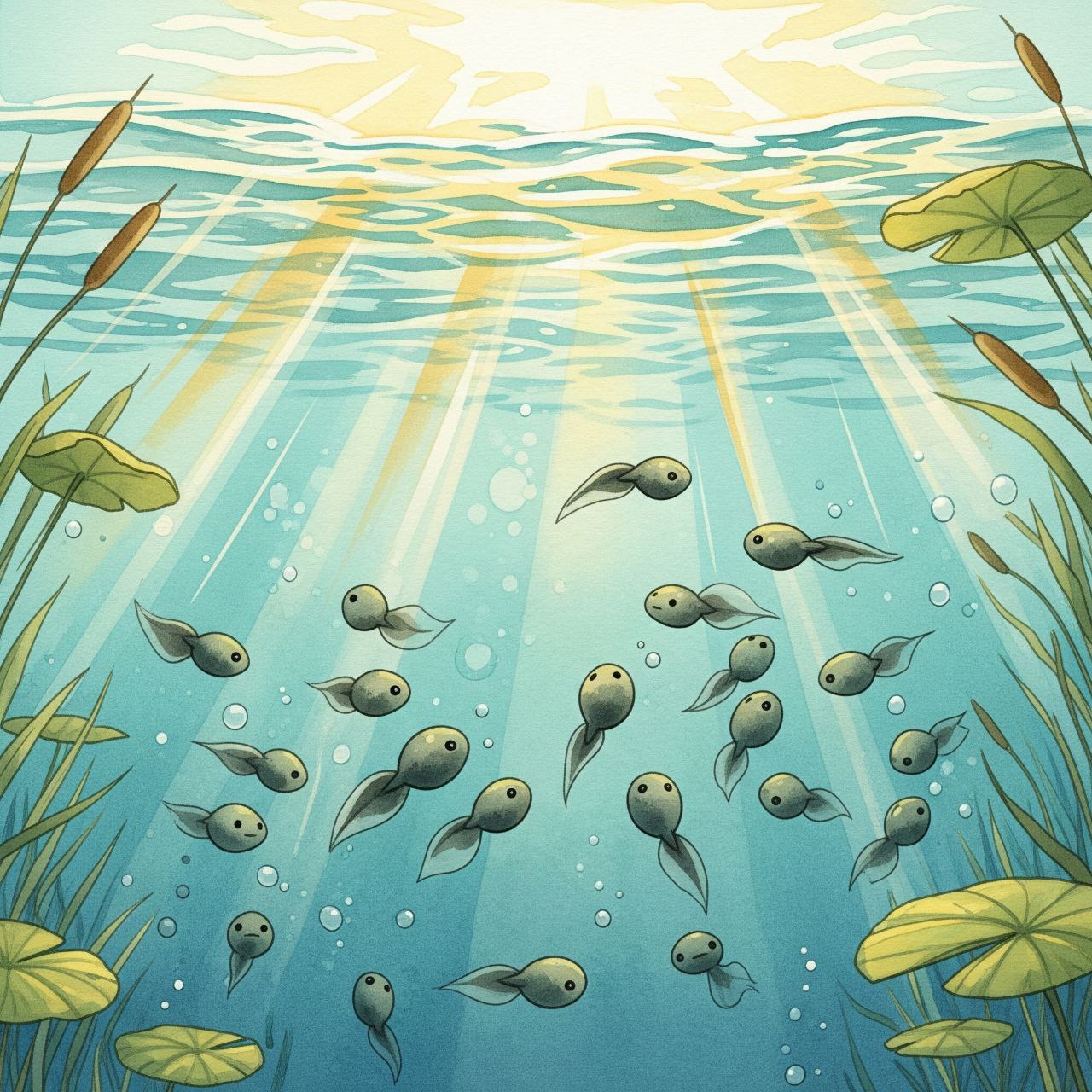 Sunbeams through pond water with many tiny tadpoles swimming among reeds and lily pads.
