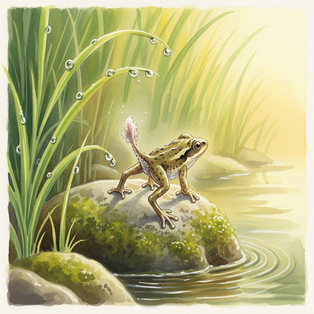 A small froglet with tiny legs and a fading tail climbing onto a wet rock at the pond’s edge.