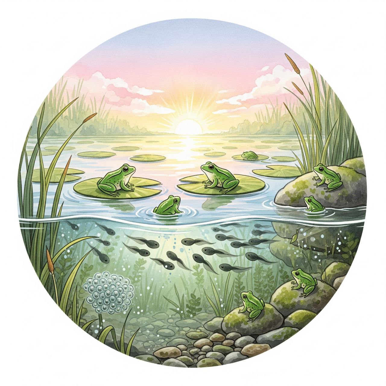 Wide dawn view of a pond showing eggs, tadpoles, froglets, and frogs in one scene — a gentle life cycle panorama.