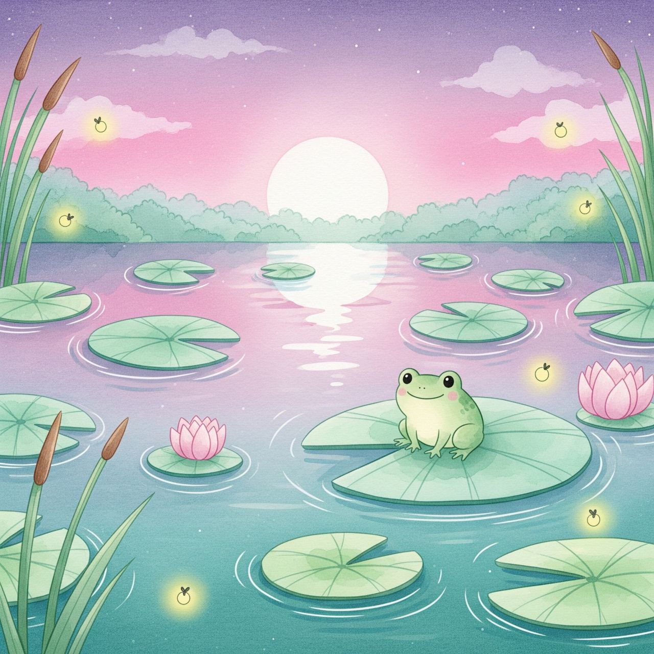 A serene pond at dusk with lily pads and a small frog resting.